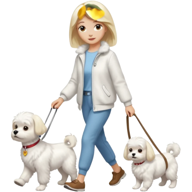 blonde woman wearing white, walking a maltese dog. emoji