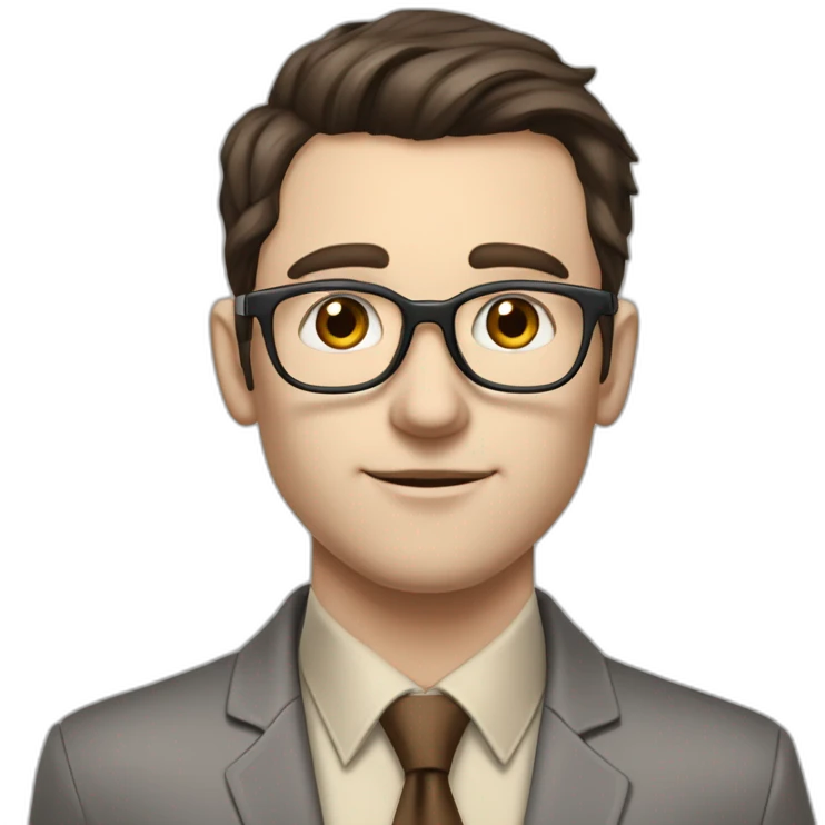Pale skinned fit man with dark brown hair in gray jacket, beige office shirt, brown tie, brown pants and vintage glasses Writing on the flipchart emoji
