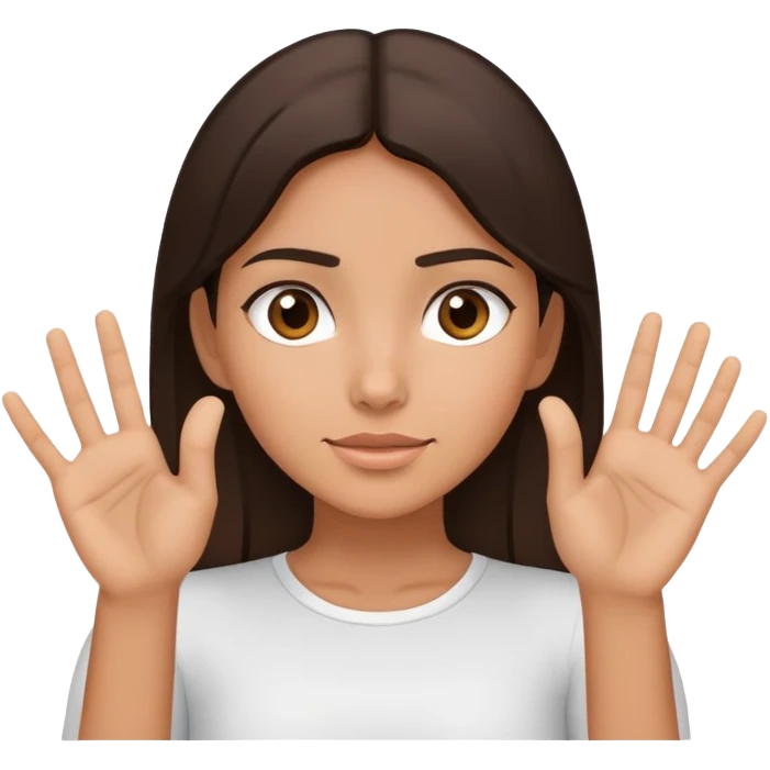 using whole hands to point at someone with hands vertically next to head of hispanic brunette girl emoji