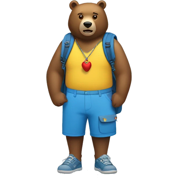 a brown bear wearing a blue backpack and yellow shorts and a sharktooth necklace, with a red bird emerging from his blue backpack. emoji