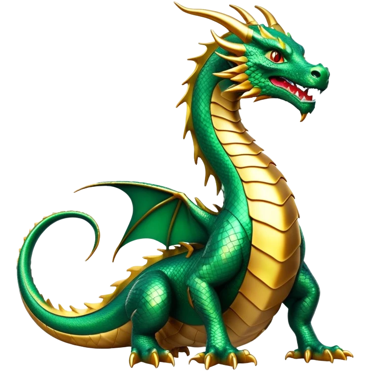 cinematic-noble-dragon-full body-emoji,-poised-and-majestic,-with-a-sinuous,-elongated-build-and-shimmering,-scale-covered-skin-in-hues-of-emerald-and-gold,-piercing,-fiery-eyes,-simplified-yet-sharp-and-sophisticated-features,-highly-detailed, zoomed out showing the serpentine body emoji