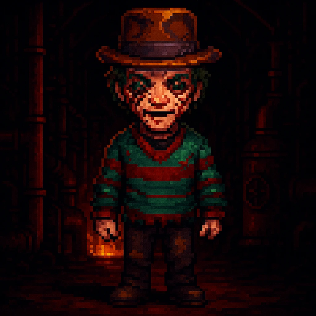 Add a spooky, nightmarish background with a boiler room and dark shadows behind Freddy Krueger, keep pixel art style emoji