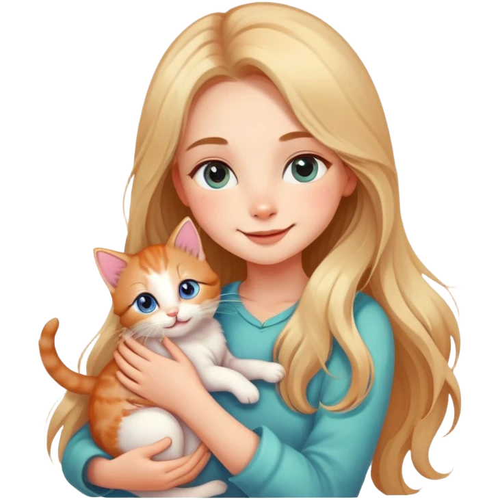 "Create a cute emoji of a beautiful girl holding a small kitten in her arms. The girl has soft features, long flowing hair, and a gentle smile. The kitten looks cozy and happy. The style should be colorful, charming, and expressive, with big sparkling eyes and a warm, loving vibe." emoji