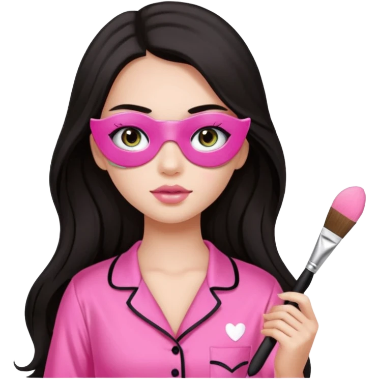 Dark long hair girl wearing pink victorias secret sleepwear is holding a makeup brush she also has eye patches white emoji