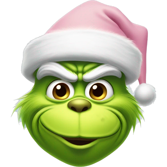 grinch face with a smirk wearing a light pink santa hat emoji