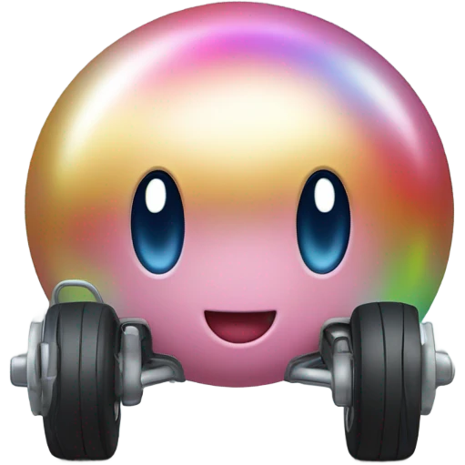 Metal cute Kirby ball driving on 4 car wheels emoji