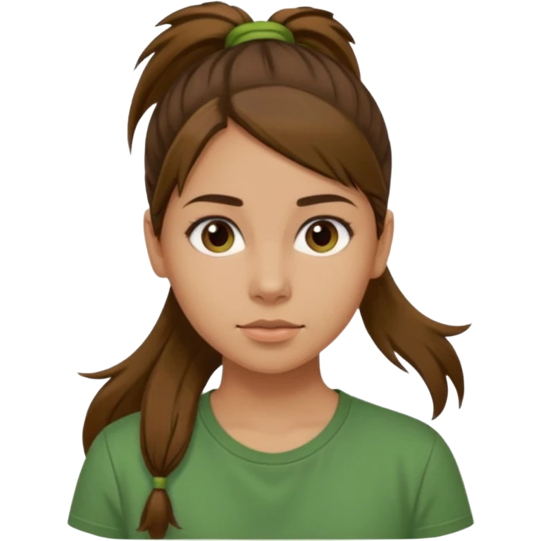 Make a zumba coach emoji, brown eyes, brown hair girl, green shirt with the "the roots" on it, longer pony tail hair emoji