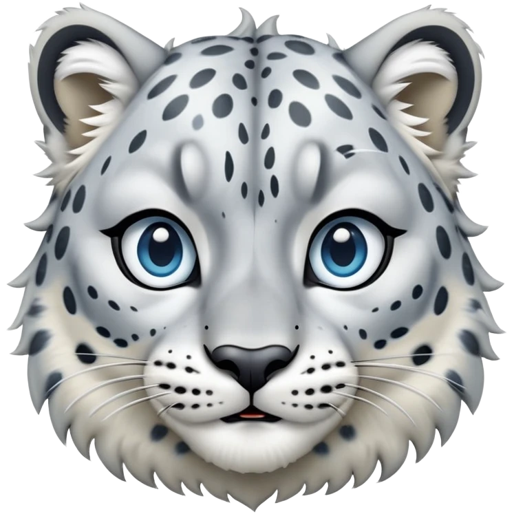 Cinematic-Comical-Snow-Leopard-Portrait-Emoji – Head tilted dramatically with an exaggeratedly amused expression, featuring a thick, spotted white-and-grey coat with a dense ruff around the neck, wide, piercing icy blue eyes filled with playful disbelief. emoji