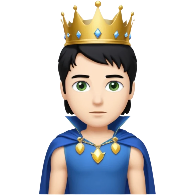 Prince with crown, blue cape and trousers, body and legs, black hair, blue eyes, woman blonde hair, green eyes, sexy white short sleveless dress,  emoji
