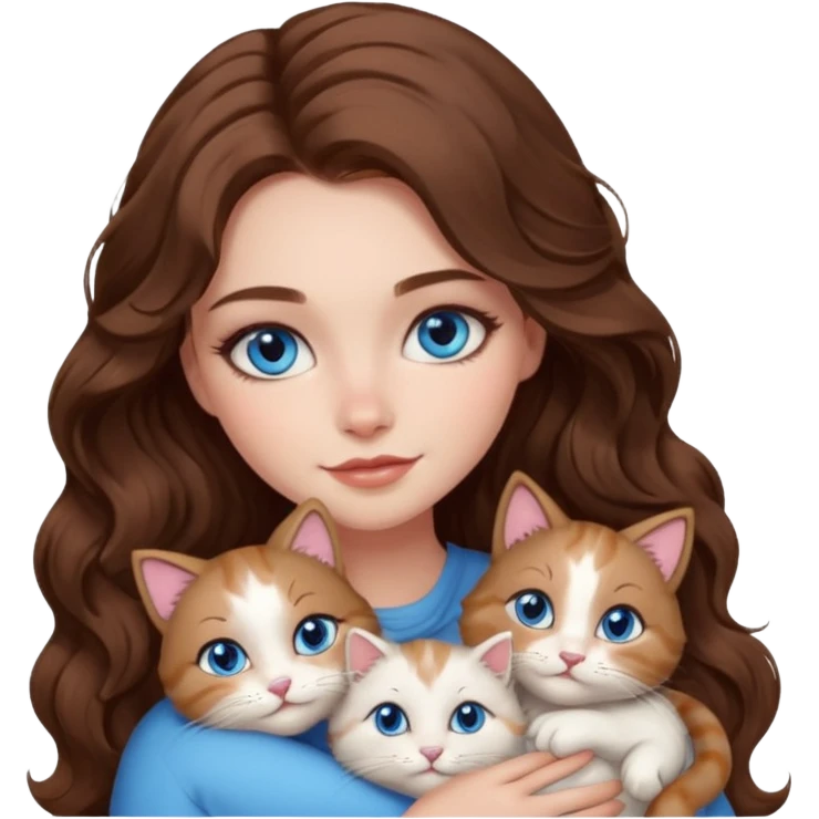girl with long wavy brown hair, blue eyes, long lashes makeup, cuddling with 6 cute cats emoji