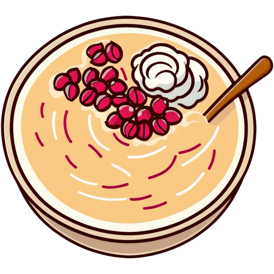 steaming bowl of oatmeal with a dollop of peanut butter, sprinkle of coconut flakes, and fresh pomegranate arils emoji