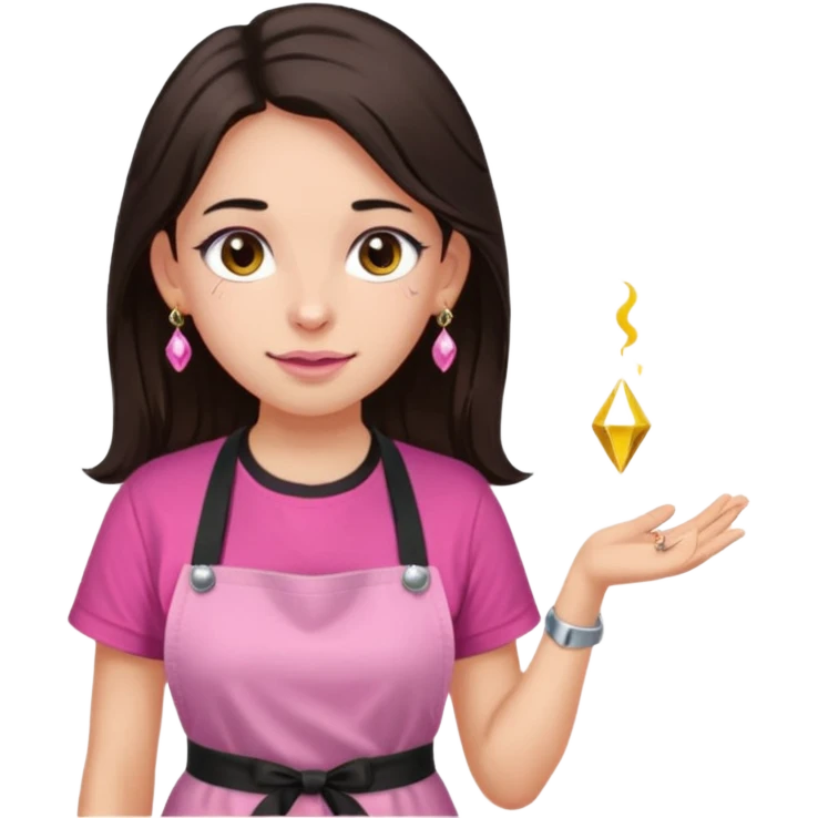 Fille cheveux long châtain foncé, peau beige type européen yeux marron, teeshirt rose avec un tablier noir, piercing au nez anneau doré, boucle d’oreille type diamant doré. Elle fait les ongles nail artiste sur le tablier écrire NIELART en rose  emoji