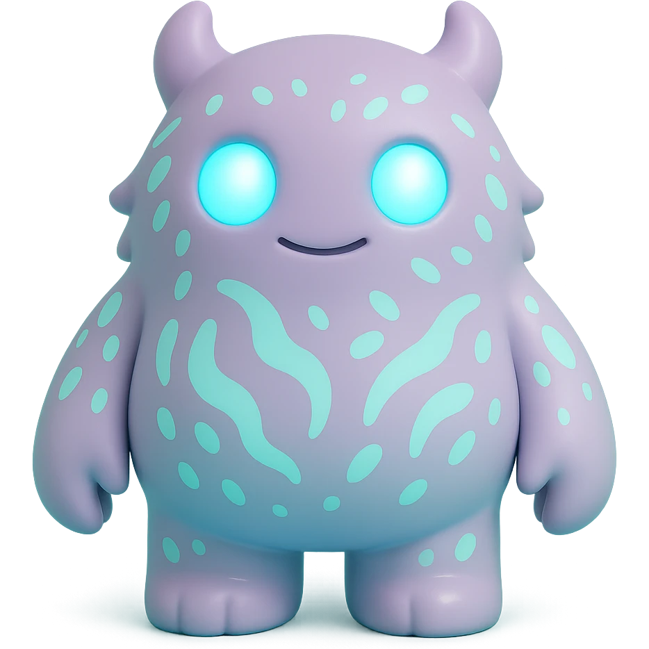 monster with glowing blue eyes and bioluminescent patterns on its body, dark background, toy-like emoji