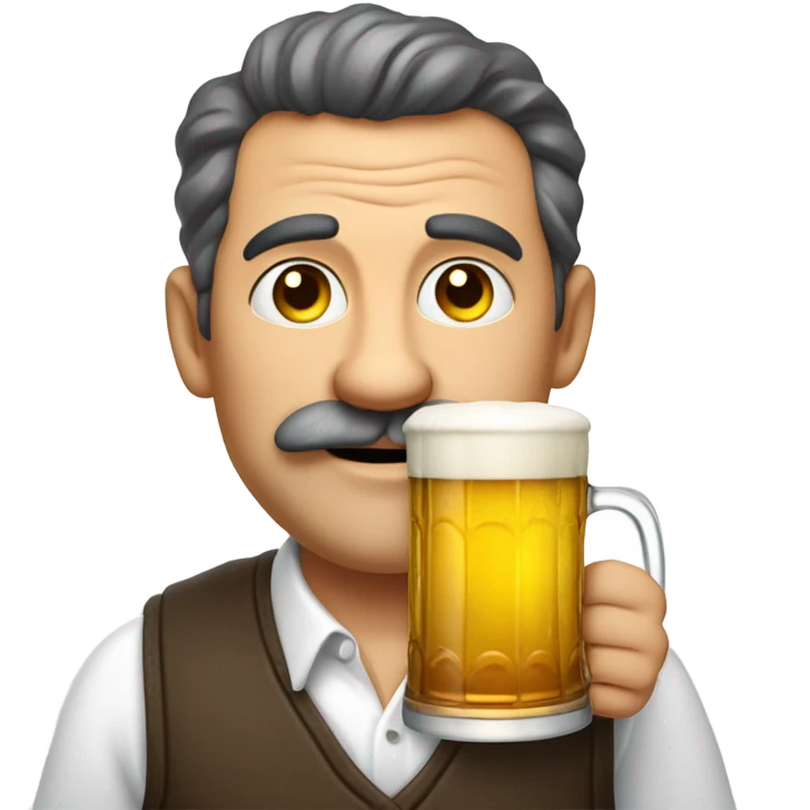 "A middle-aged man with a round face, a bushy mustache, and a jovial yet greedy expression. He wears a vest over a white shirt, holding a mug of beer, standing in a cozy tavern." emoji