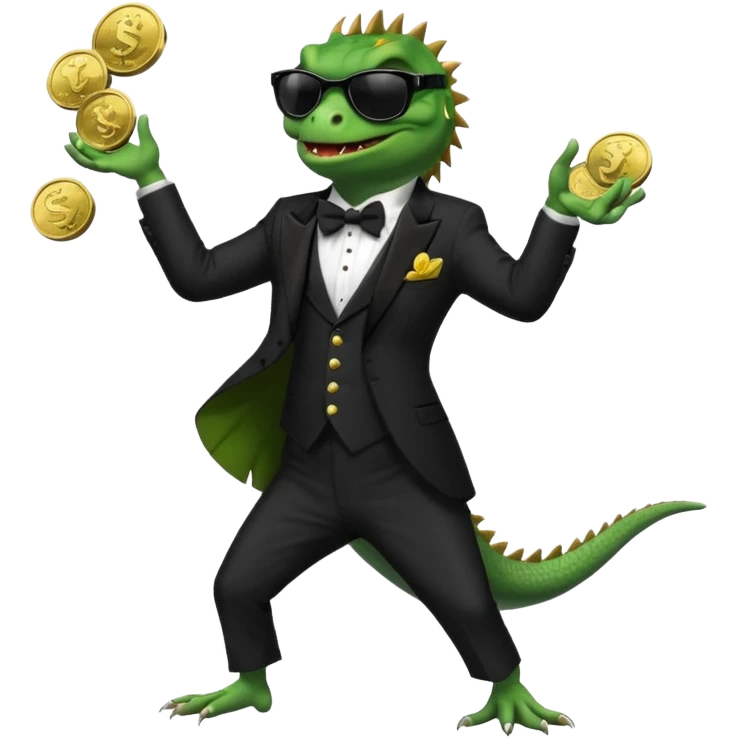 capitalist iguana banker in tuxedo and black sunglasses dancing crazy with coins emoji