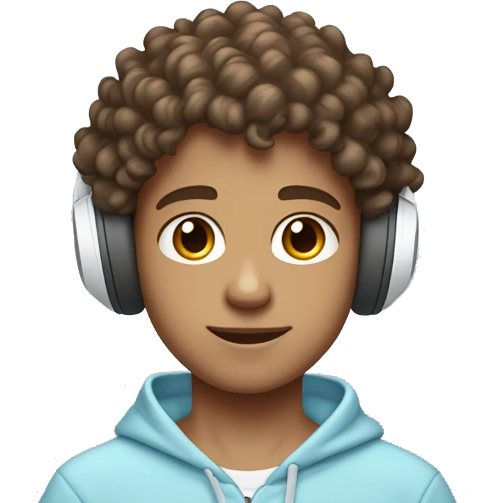 brown short curly haired brown eyed boy who is peach skinned wearing a white wireless headset and light blue hoodie emoji