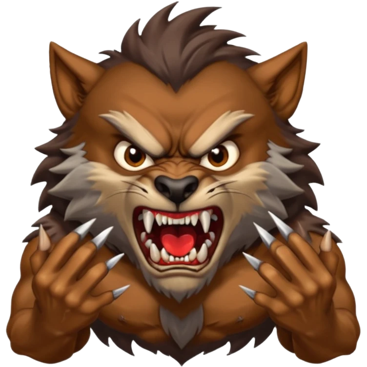 Create an emoji of Werewolf half bodied till waist sharp nails angry face brown emoji