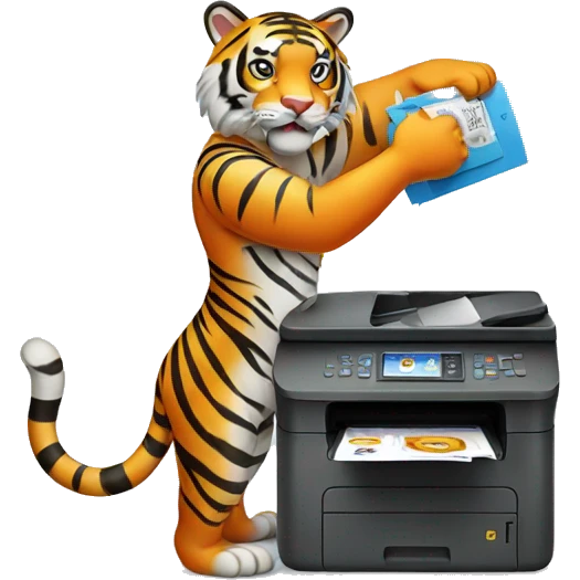 a tiger standing in a human pose with a printer in its hands emoji