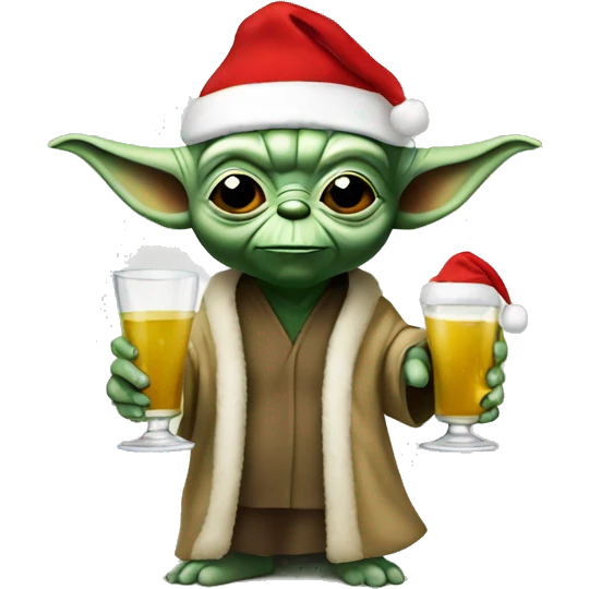 Yoda in a Christmas hat with two alcoholic drinks in hand emoji