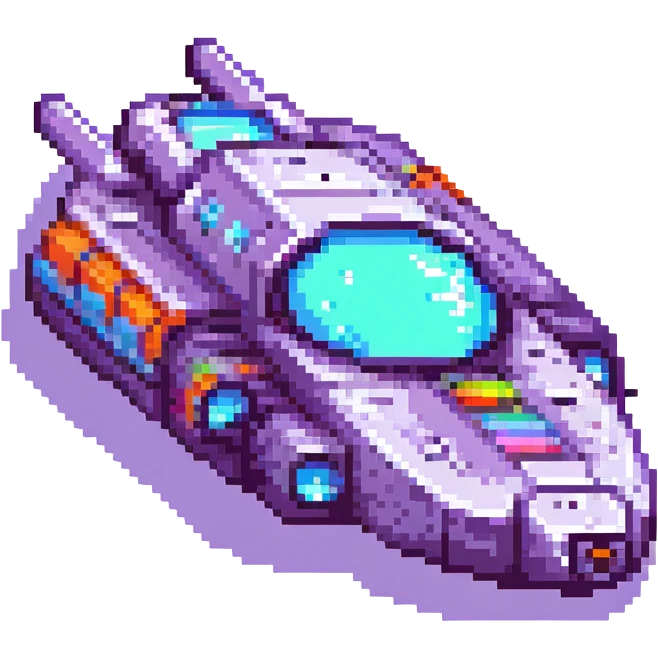 A pixel art style space cruiser with a retro design, blocky shapes, and a neon color scheme. emoji