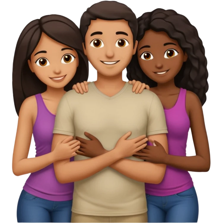 middle Eastern man with two African girlfriends he is 5 inches taller than them. They are rubbing his chest and holding each other breasts and he has his arms wrapped around them around their waist on their butts. emoji