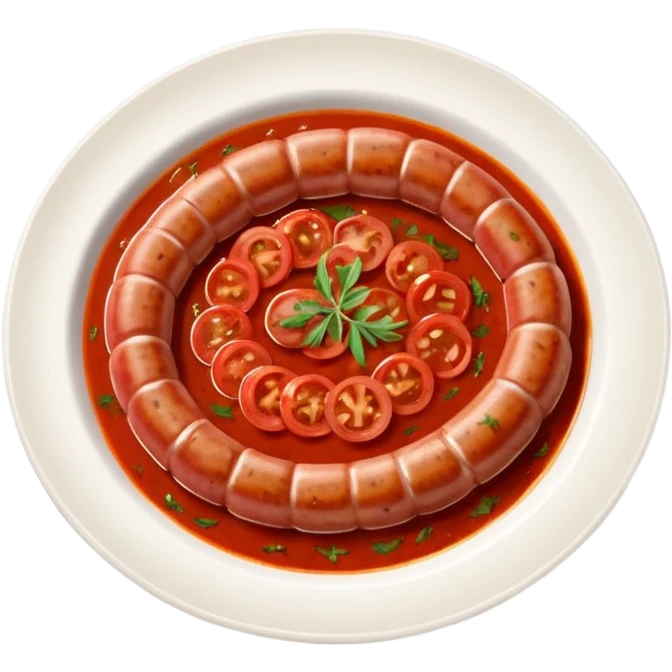 emoji of Rougail saucisse meal. Typical Reunion island meal consisted of Sliced sausage in tomato sauce (strong red color) with thym  emoji