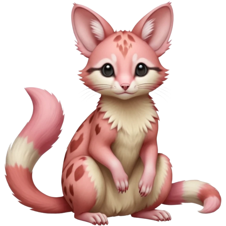 Pastel Pink, red-pointed, soft realistic romantic vintage antique divine beautiful elegant pretty precious cute young youthful  Fakémon-Pokémon-opossum-feline-mouse-serval-caracal-chinchilla-Minccino-Cinccino-Meowstic-rodent-hybrid-creature with a big fluffy bushy tail (full body) emoji
