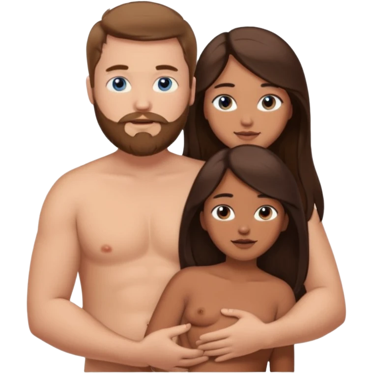 chubby white guy with brown hair and beard and blue eyes, holding a brown girl with long dark hair and dark brown eyes in arms, naked, showing tits emoji