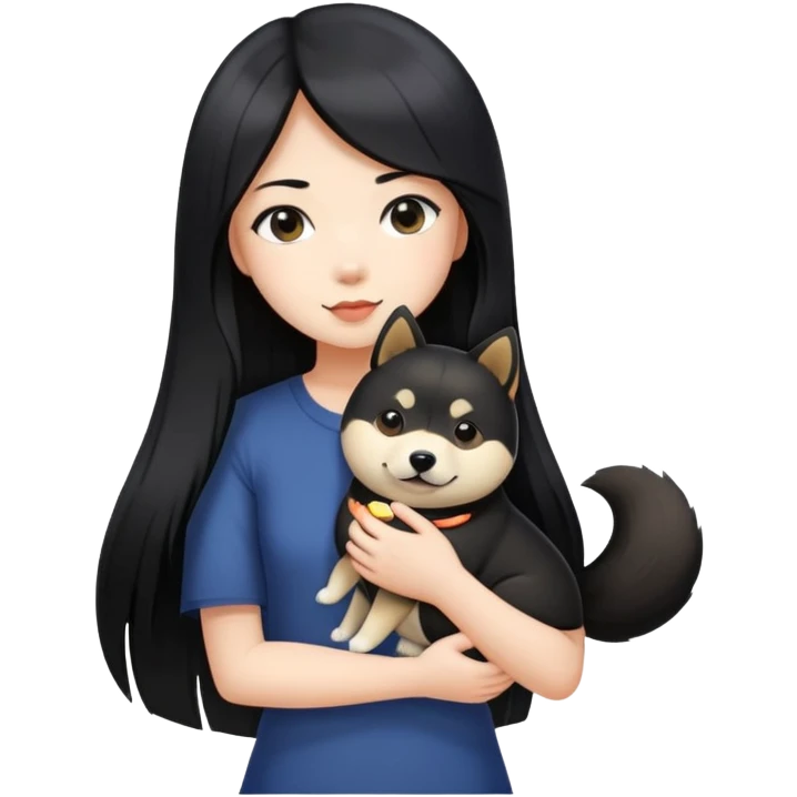 A girl with long black straight hair holding a black Shiba Inu emoji