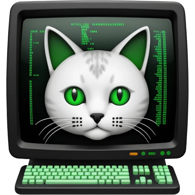 mac os icon code computer retro terminal, black, green white, cat draw as ASCII code inside the terminal emoji