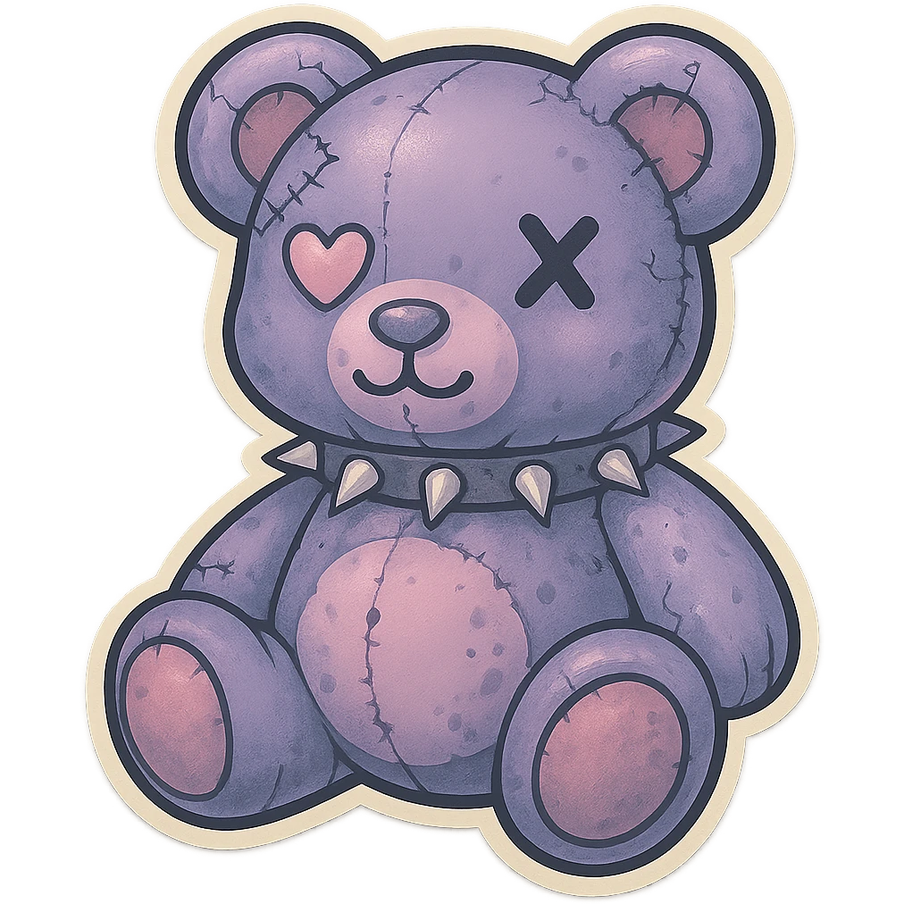 Turn this image into a zombie bear with pastel goth colors, wearing a spiked collar, in retro stickers style, with no background. emoji
