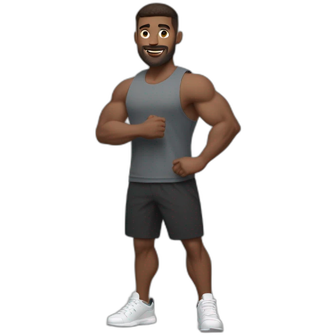 Full height Actively gesturing with hands Pale skinned Fit Man With the biceps and brown hair in dark gray Sleeveless Mike, black oversize sports shorts and white Sneakers emoji