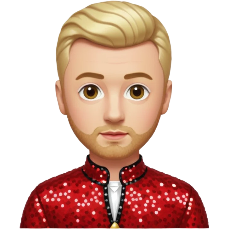 Sam Smith with blonde hair and short beard, red sequin outfit emoji