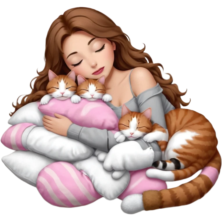 girl with long wavy brown hair, brown eyes, long lashes makeup, sexy pink lips, light to medium complexion,  sleeping on a cozy pillow, with 6 cats: 1 brown and white tabby cat, 1 ginger and white, 2 grey and white, 1 grey with white mittens and small white patch on chest and 1 calico, sleeping emoji