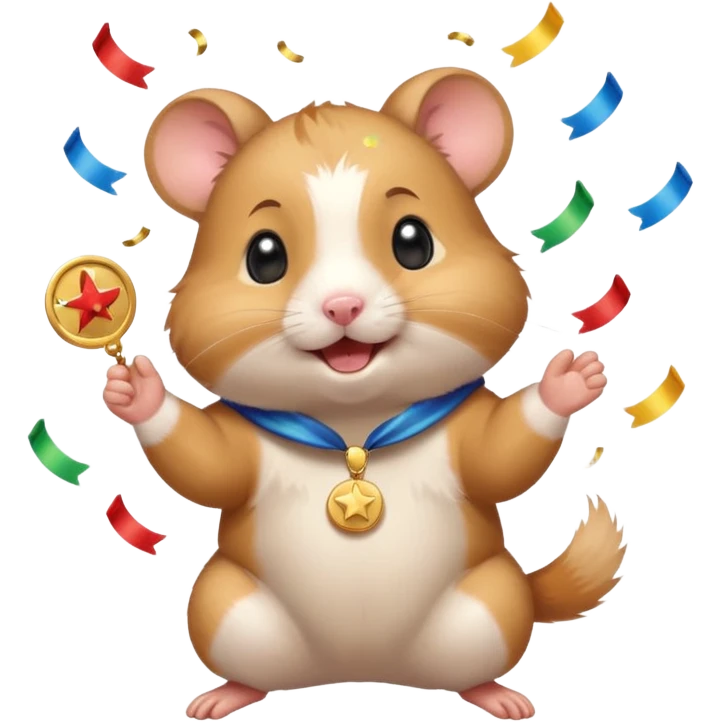 Cute cartoon-style hamster throwing confetti, holding a tiny medal, joyful expression. Painterly shading, white background, sticker-style illustration emoji