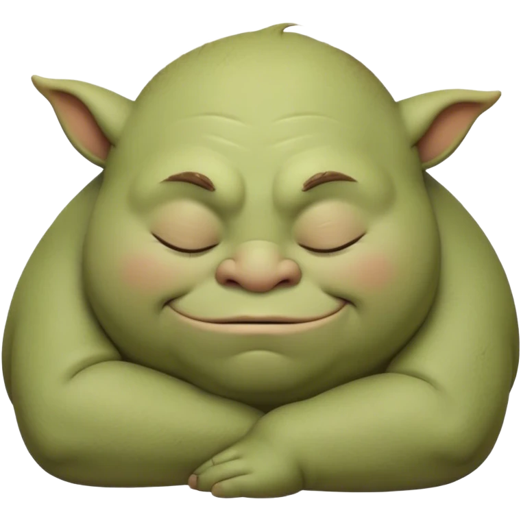 Meme-Worthy Cute Sleeping Ogre Portrait Emoji, with a surprisingly endearing, plump figure in soft earthy greens and browns, head drooping gently with closed, relaxed eyes and a content, sleepy grin, simplified yet adorably detailed, glowing with a soft warm outline that captures the peaceful slumber of a friendly ogre after a day of gentle mischief! emoji