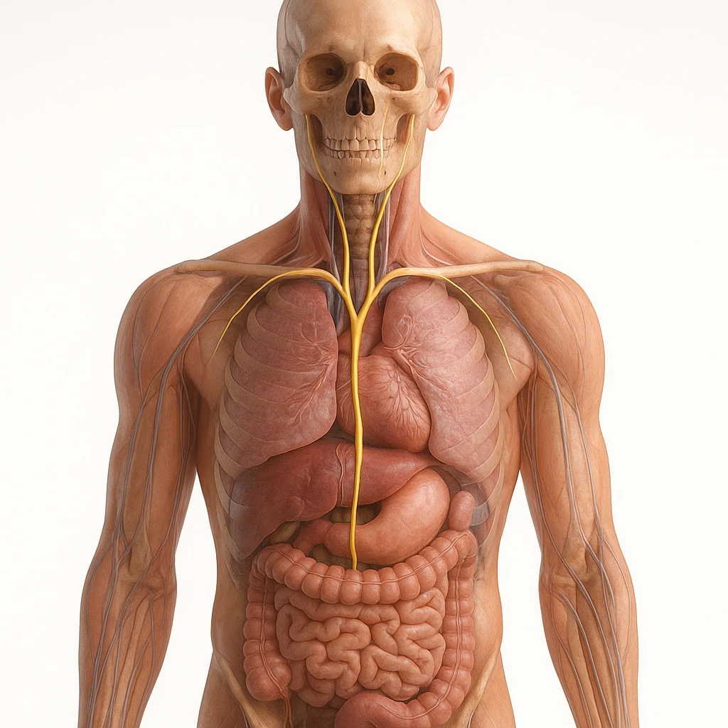 realistic 4K image of human body with vagus nerve highlighted, front view, anatomical details, visible path of vagus nerve, transparency on internal organs, natural colors, white background emoji