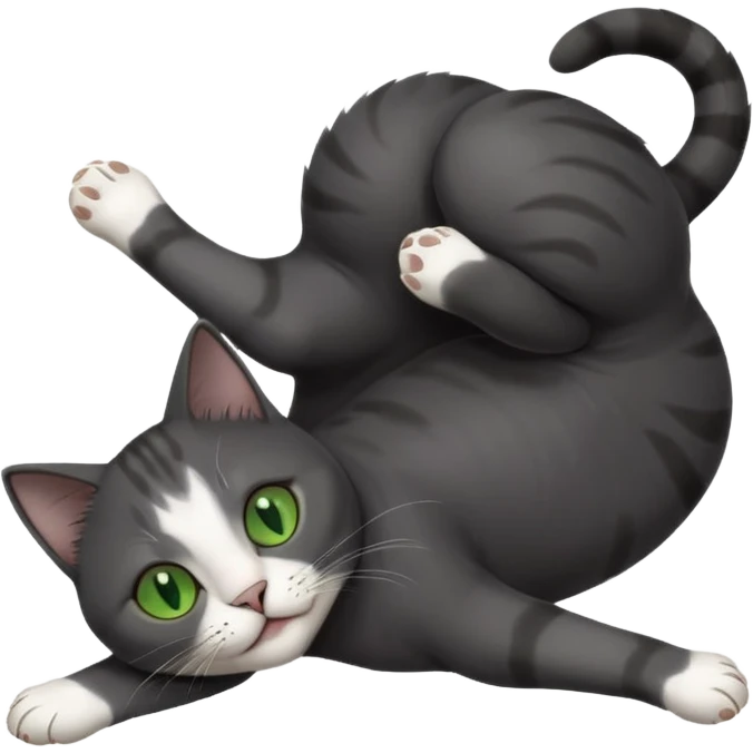 beautiful female solid dark grey cat with green eyes, white toes/paws and white patch on her chest playfully rolling upside down emoji