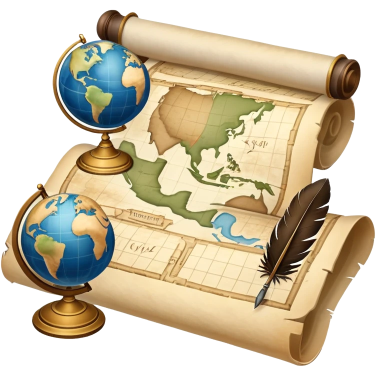 An icon featuring an ancient scroll, a quill pen, and a globe, symbolizing the study of history. The design includes a timeline with significant historical events, with ruins in the background to evoke past civilizations. Transparent background emphasizes the exploration of human history emoji