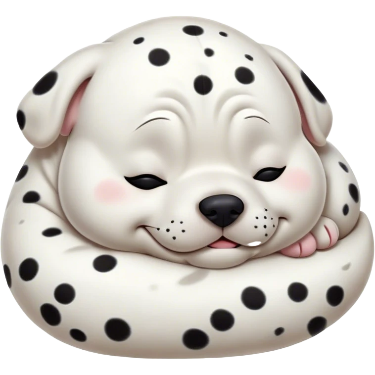 Cinematic Meme-Worthy Chubby Sleeping Dalmatian Portrait Emoji, Head resting peacefully with a contented smile, showcasing a delightfully chubby build and a luxuriously soft white coat with bold black spots, eyes shut in a serene nap, Simplified yet hilariously adorable features, highly detailed, glowing with a soft, drowsy light, high shine, relaxed and utterly lovable, stylized with an air of playful laziness, bright and heartwarming, soft glowing outline, capturing the essence of a comically sleepy Dalmatian, so meme-worthy it feels like it could instantly become the next viral sensation of adorable slumber! emoji