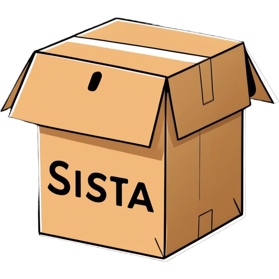 cardboard box with the word SISTA printed on it, clear and legible, cartoon sticker style emoji
