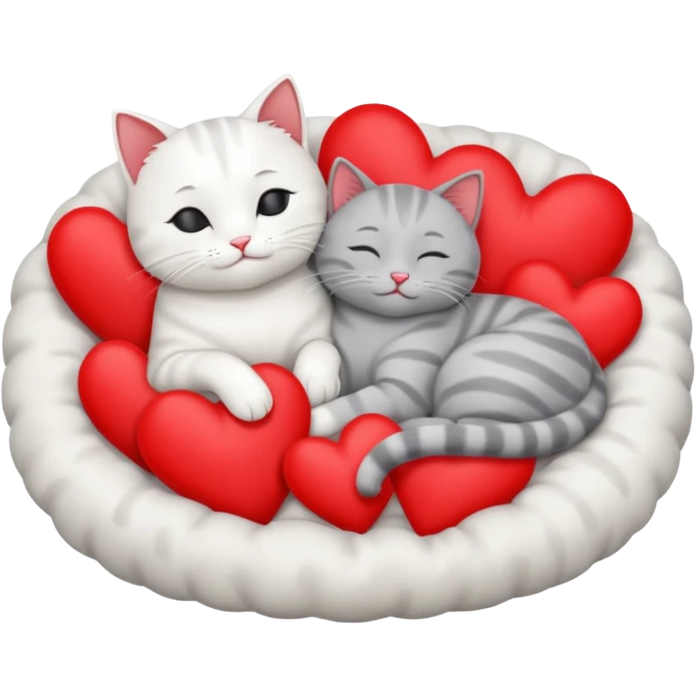 White cat and gray cat sleeping together in a bed full of hearts emoji