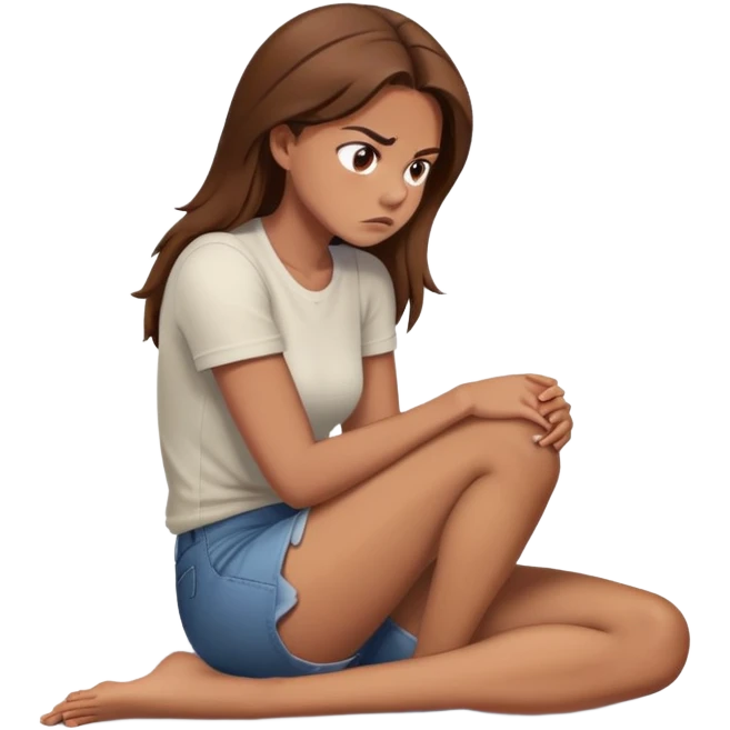 angry woman with brown hair sitting in profile on a floor hugging her knees avoiding conversation  emoji