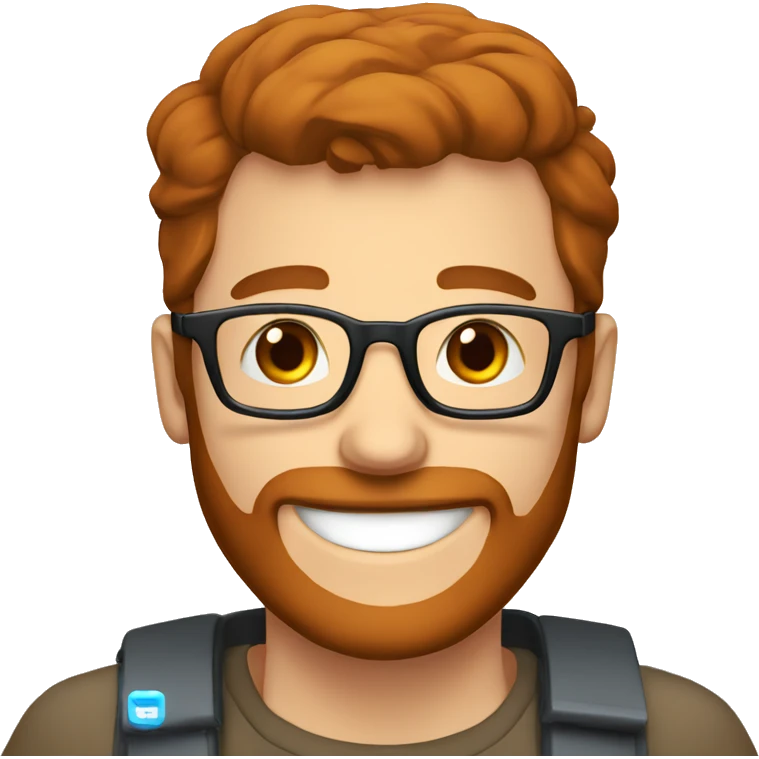 happy men with blue eyes, brown hair and red beard with glasses coding on computer emoji