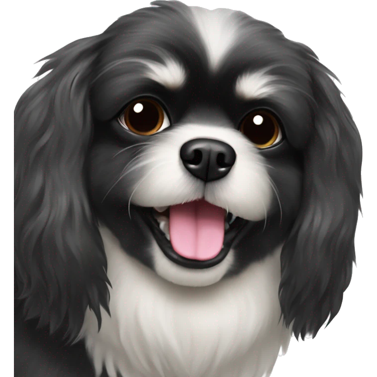 Pekingese poodle mix black dog with white chest and underbite with teeth showing  emoji