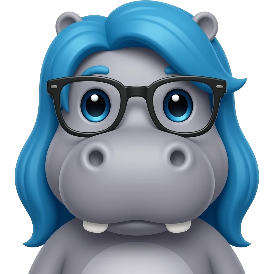 hippo with spectacles face front view and blue long hair emoji
