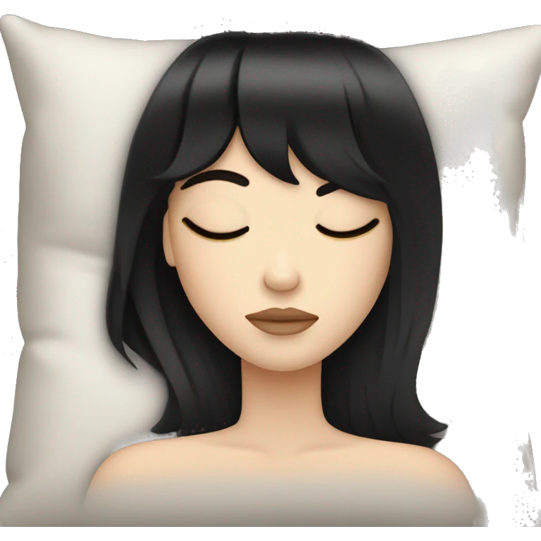 Woman pale skin black hair with bangs sleeping in bed with pillow, white woman emoji
