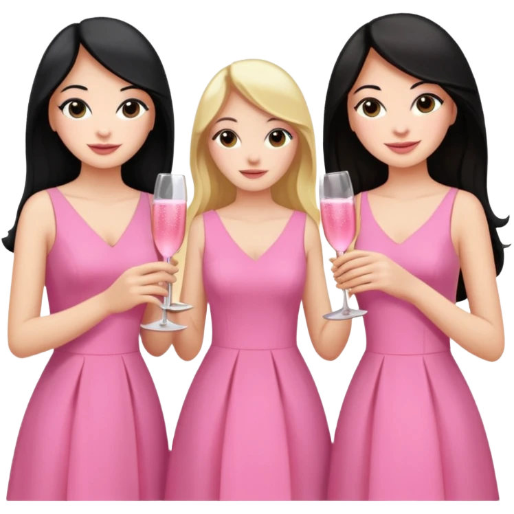 Three woman, one with black hair, the other with brown hair and the last one with long blonde hair the three with pink different dresses celebrating with pink champagne emoji