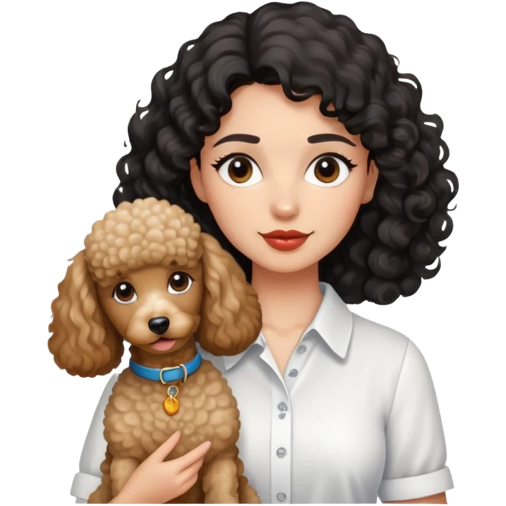 A black wavy haired, fair-skinned woman in a white shirt, with a poodle dog emoji