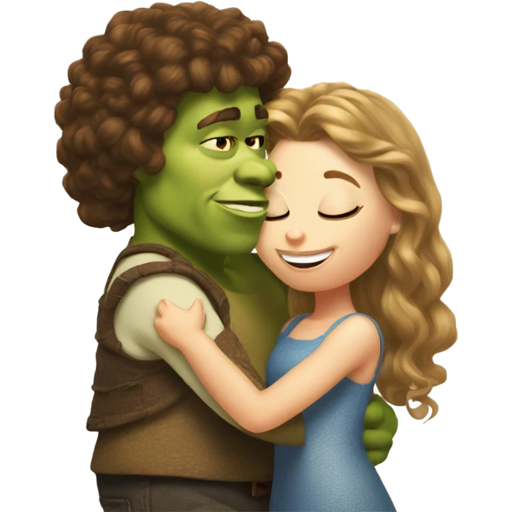 Shrek kissing white girl with curly brown hair emoji